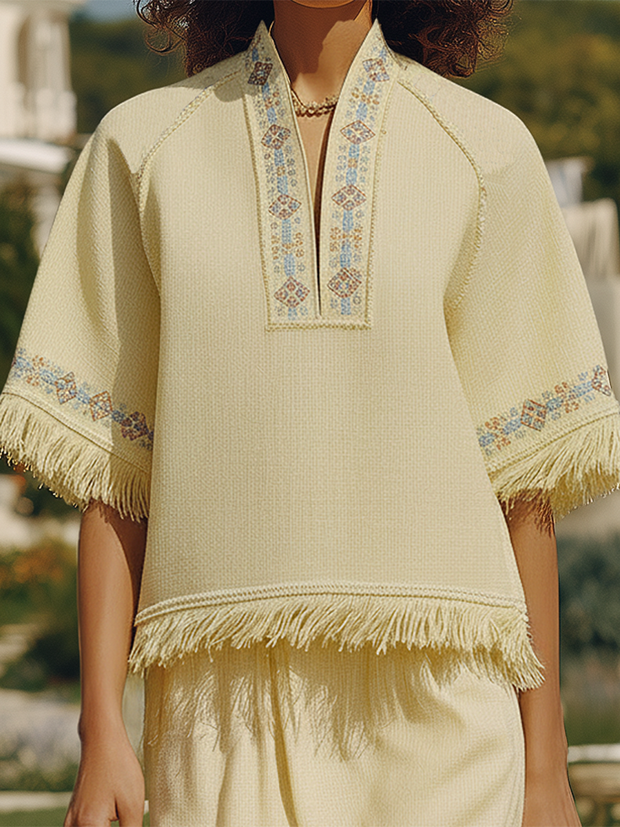 Bohemian Style High-neck Embroidered Short-sleeved Top And Skirt Set