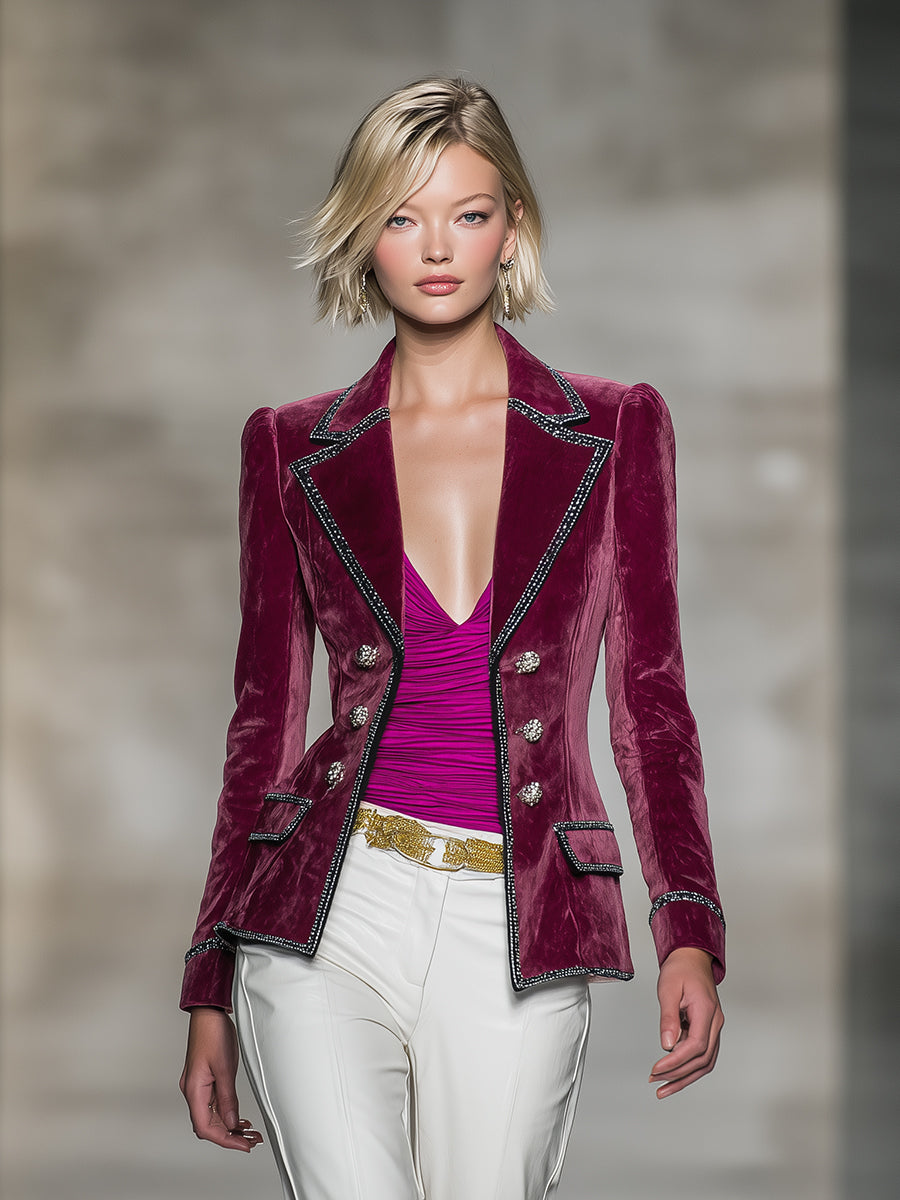 Rose Red Stitching, Black Ribbon And Silver Buttons Blazer