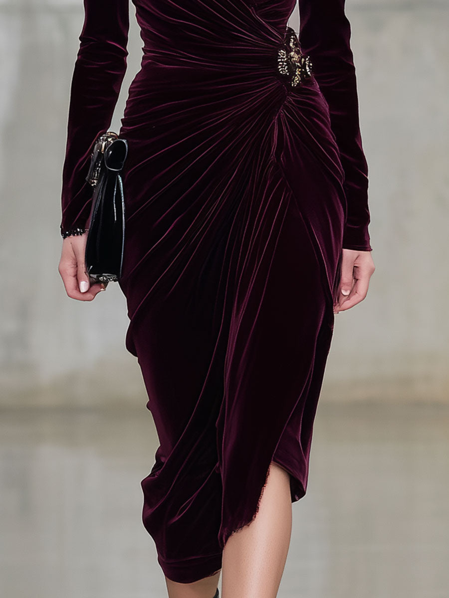 Vintage Burgundy V-Neck Velvet Long-Sleeved Midi Dress