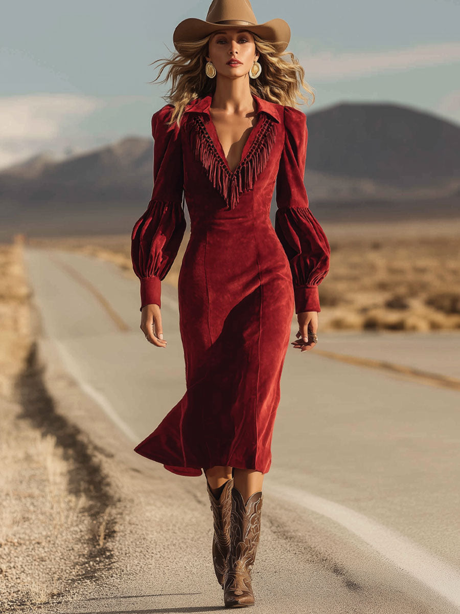 Western Retro Red Suede V-Neck Tassel Lantern Sleeve Midi Dress