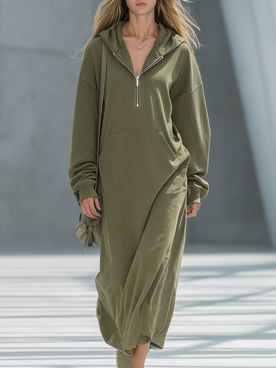 Retro Sports Style Green Hooded Zip-Up Long Dress