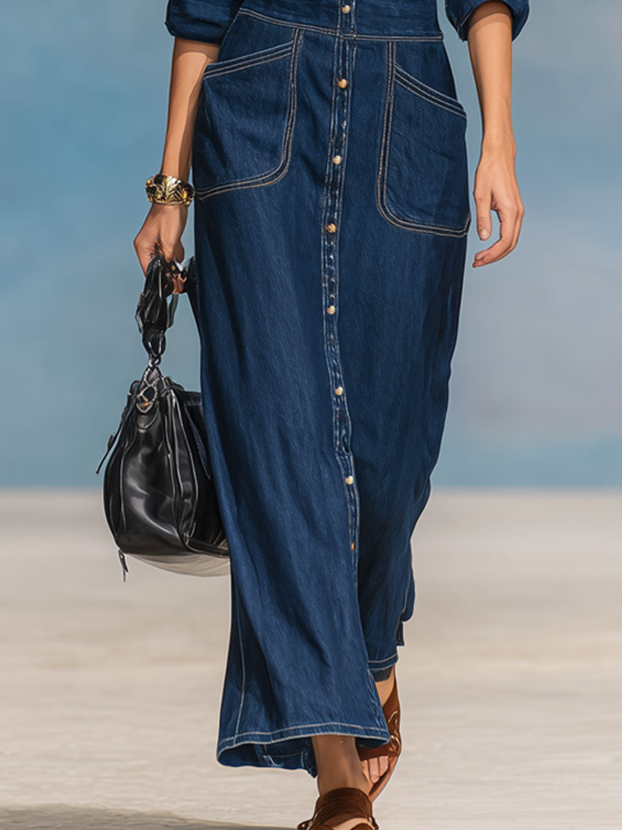 Fashionable Casual Blue Washed Denim Embroidered Long-Sleeved Maxi Dress