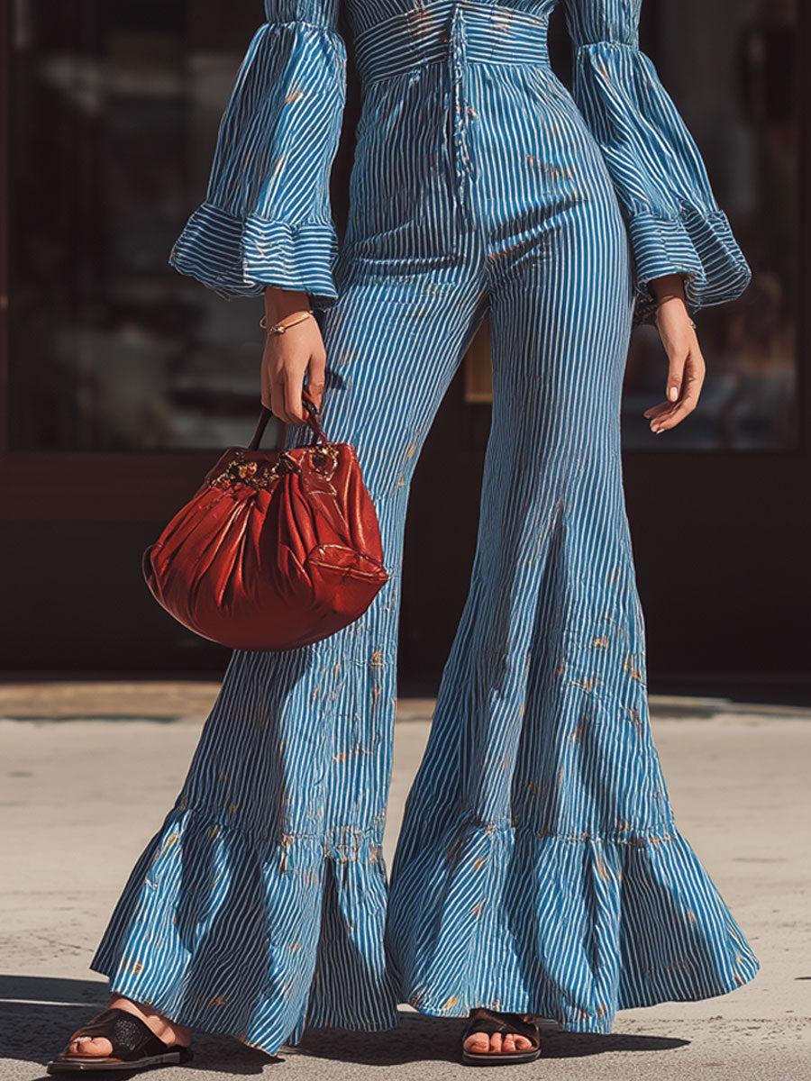 Retro Bohemian Blue Striped Floral Print Long Sleeve Flared Jumpsuit