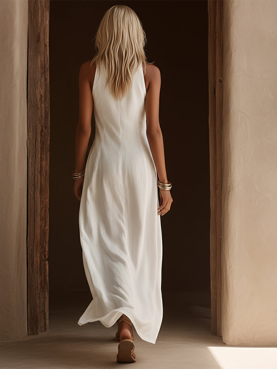 Casual Vacation White Halter Neck Button-decorated Sleeveless Slit Midi Dress