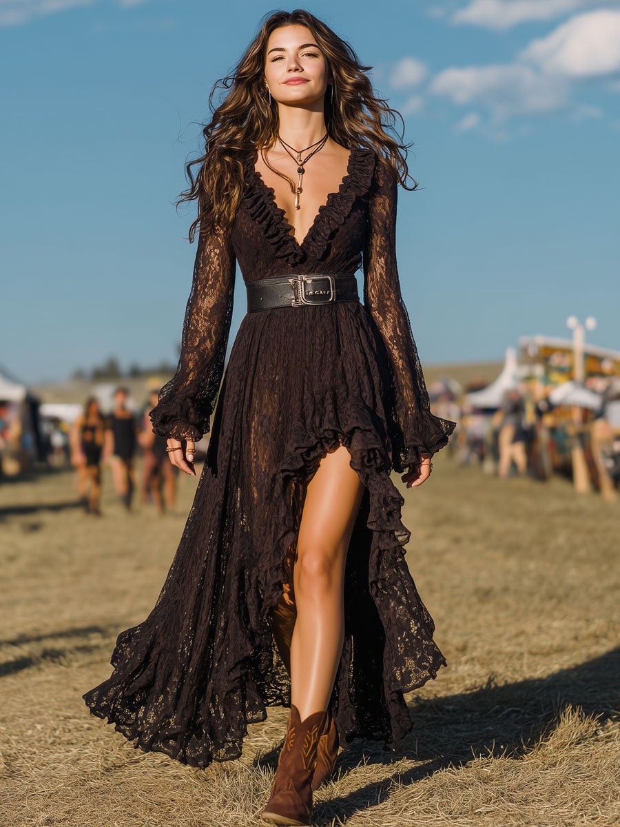 Retro Elegant Black Lace Ruffle Long Sleeve Slit Maxi Dress