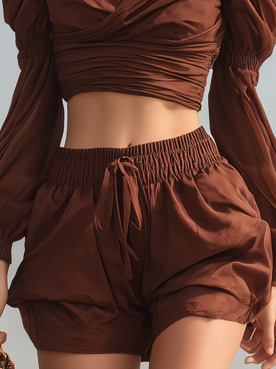 Vacation-style Chiffon V-neck Long-sleeved Top And Shorts Set