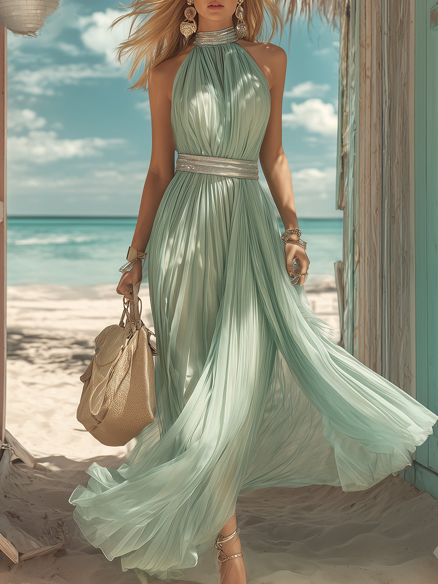 Luxury Resort Sage Green Pleated Chiffon Halter Neck Maxi Dress