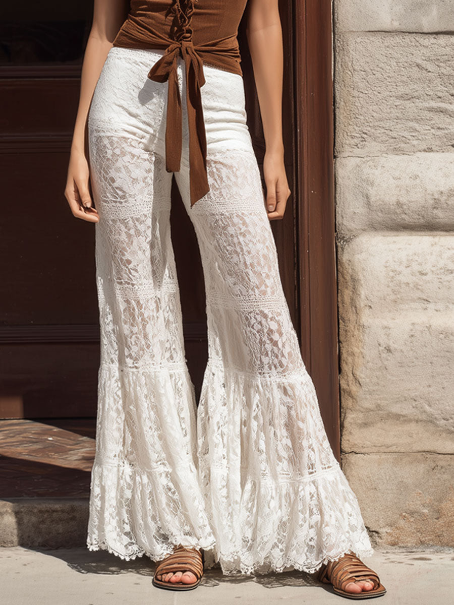 Retro Bohemian White Lace Flared Pants