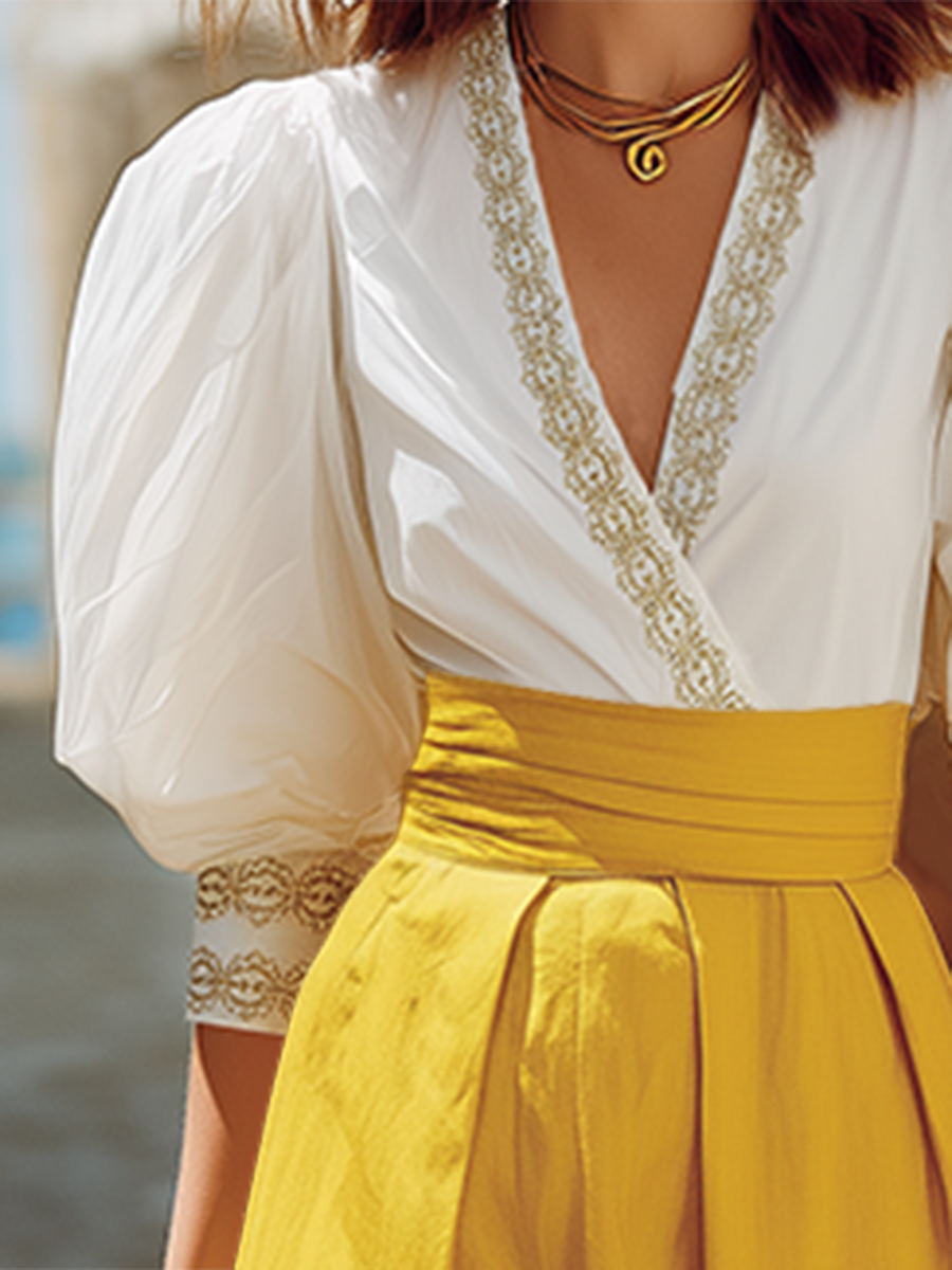 Bohemian Style Cotton V-neck Embroidered Skirt Set