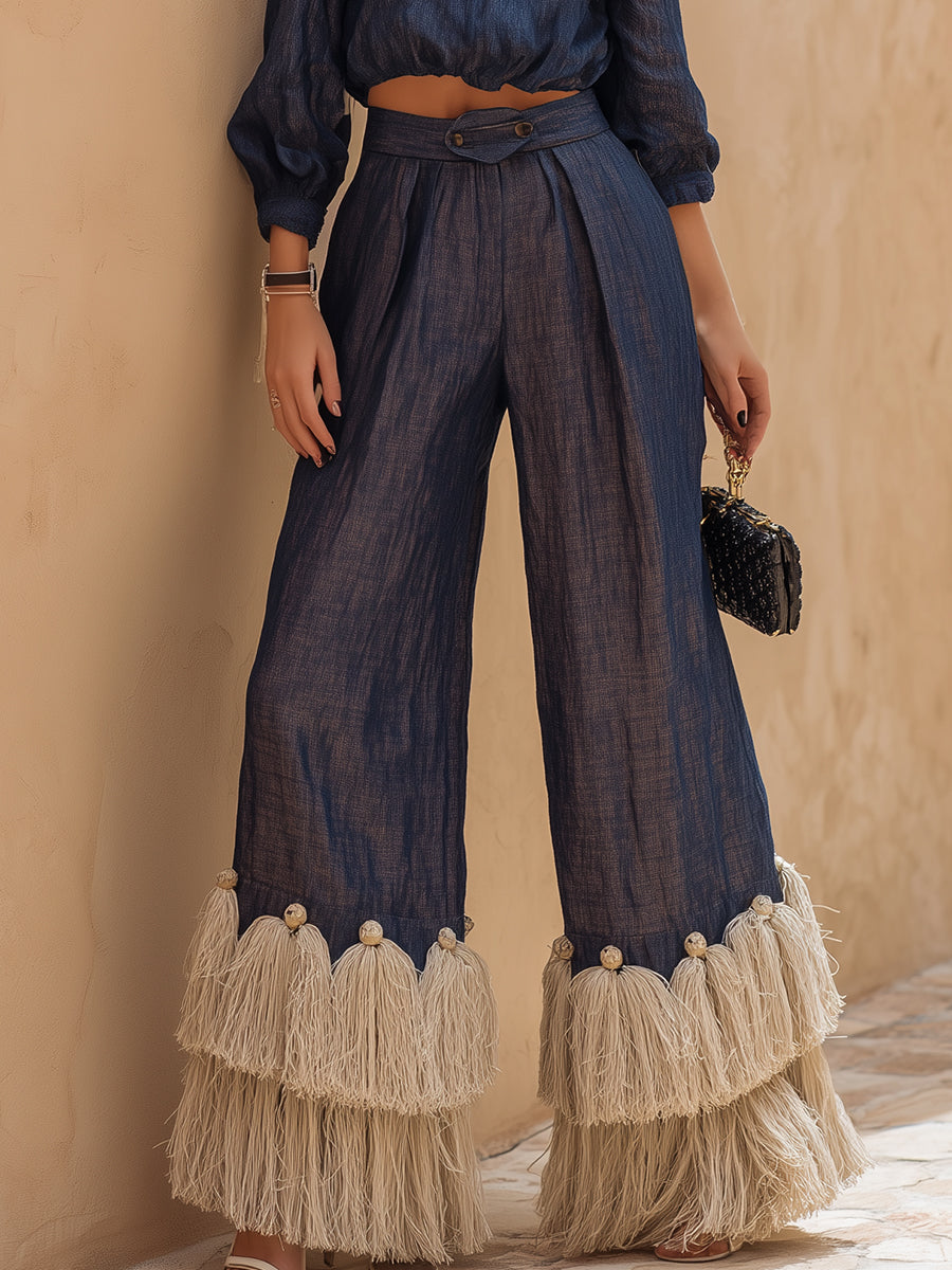 Bohemian Navy Blue Tencel Cotton Linen Shirt And Tassel Wide-Leg Pants Set