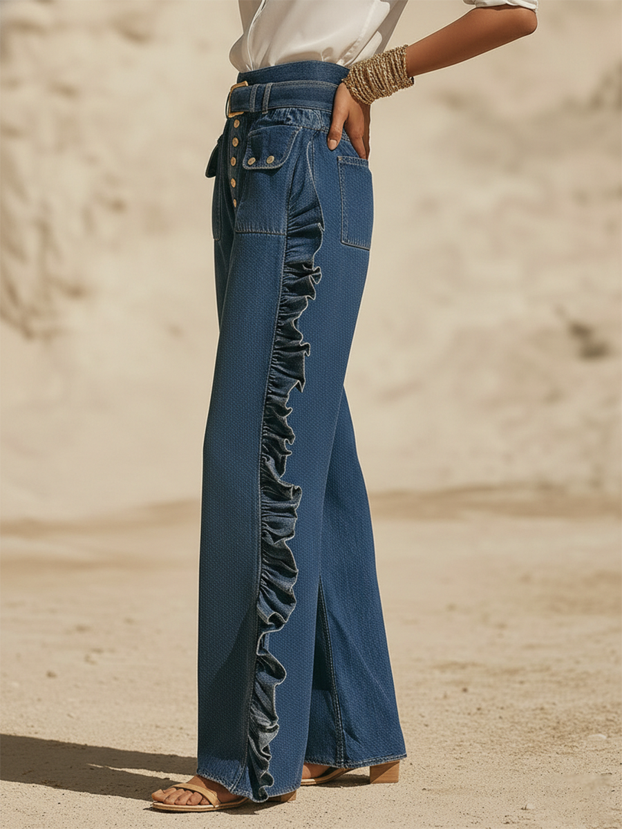 Romantic Bohemian Style Ruffled High-waisted Blue Jeans