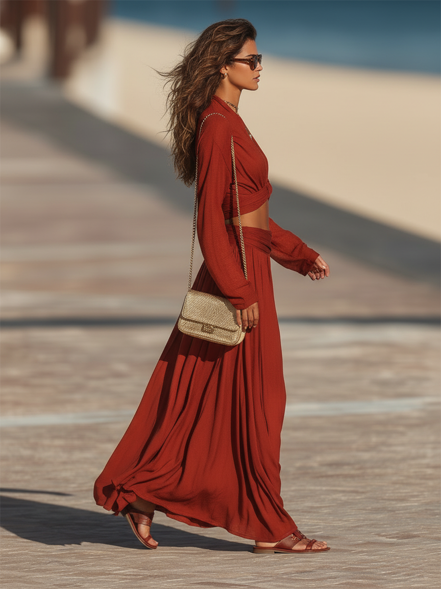 Cotton Resort-style V-neck Long-sleeved Top And Skirt Set
