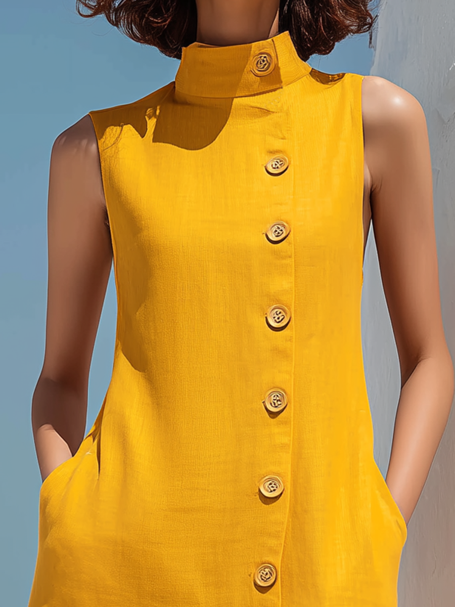 Yellow Button-down Turtleneck Sleeveless Maxi Dress