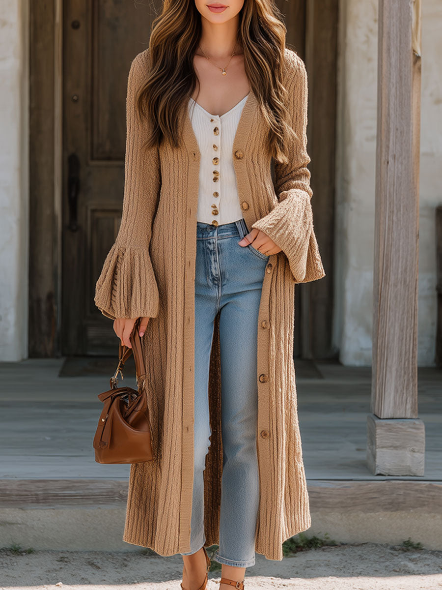 Western Retro Camel Knitted Bell Sleeve Cardigan