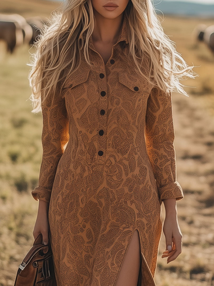 Vintage Long Sleeve Camel Suede Paisley Print Slit Midi Dress