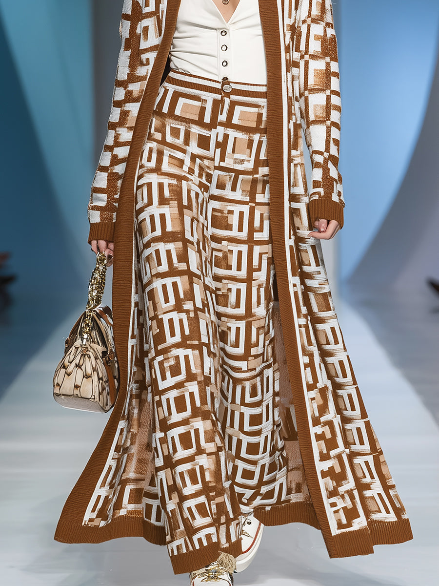 Fashionable Brown And White Geometric Pattern Long Cardigan And Trousers Set