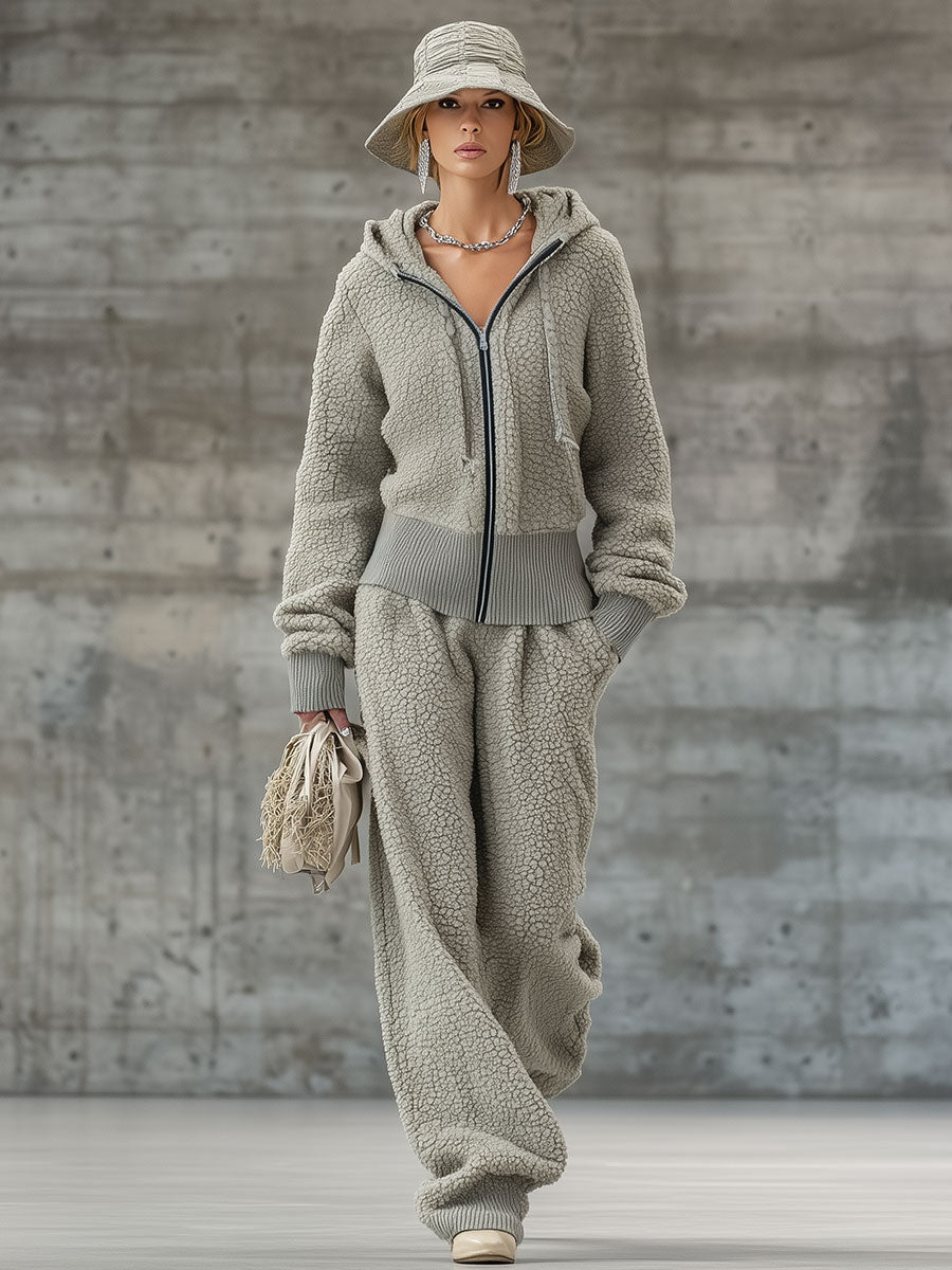 Retro Casual Gray Sports Half-Zip Polar Fleece Suit