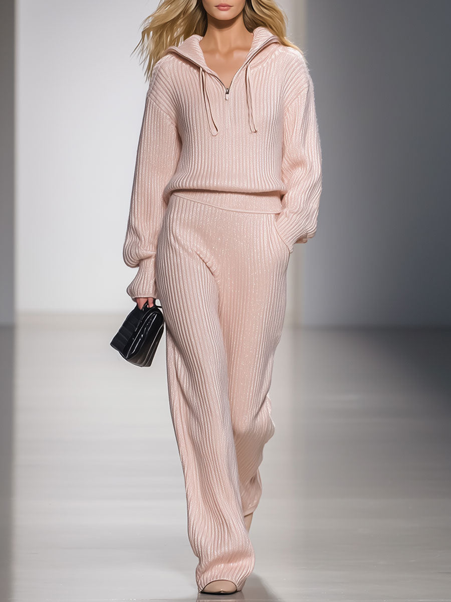 Fashionable Classic Pink Hooded Knitted Suit