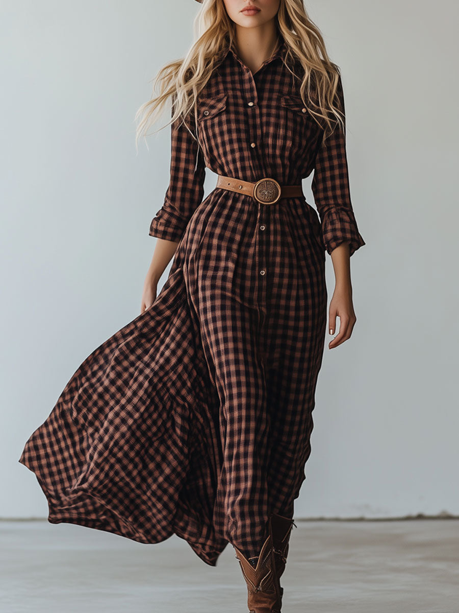 Casual Vintage Brown Plaid Long Sleeve Shirt-Style Tie Midi Dress