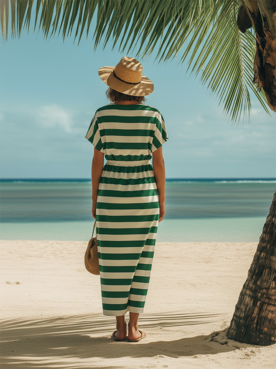 Resort-style Green Striped V-neck Short-sleeved Midi Dress