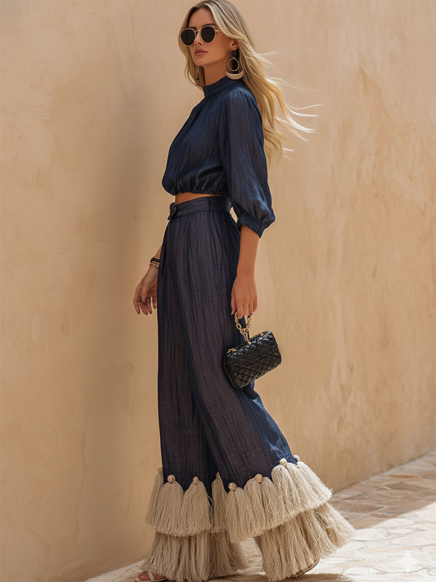 Bohemian Navy Blue Tencel Cotton Linen Shirt And Tassel Wide-Leg Pants Set