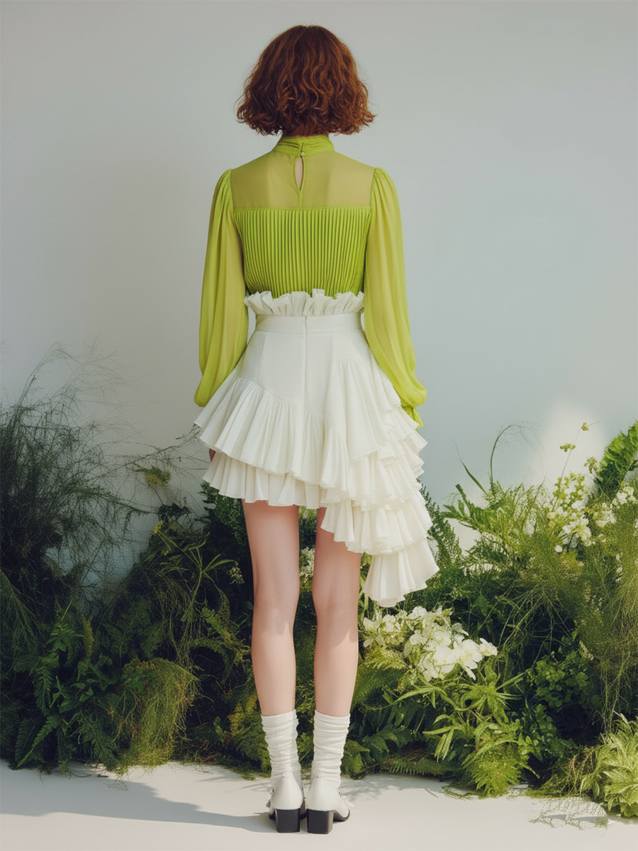 Vacation-style Green Long-sleeved Top And White Skirt Set