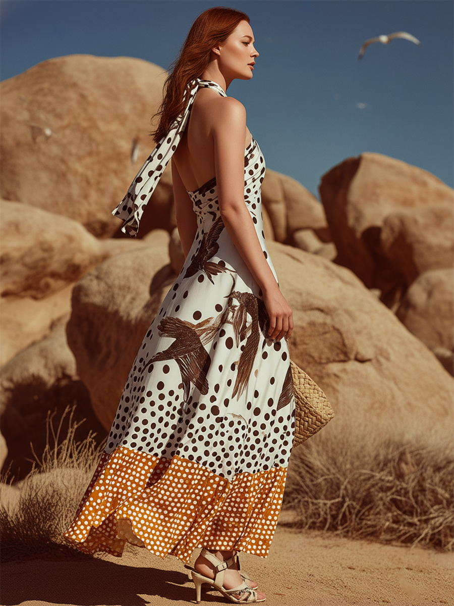 Luxury Resort-style Halter-neck Tie-back Satin Printed Maxi Dress