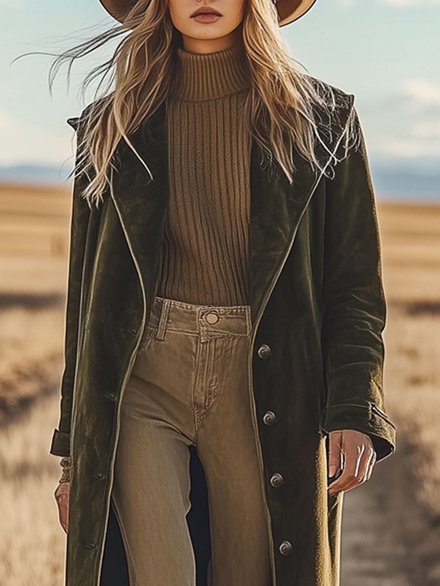 Western Vintage Army Green Suede Hooded Long Coat
