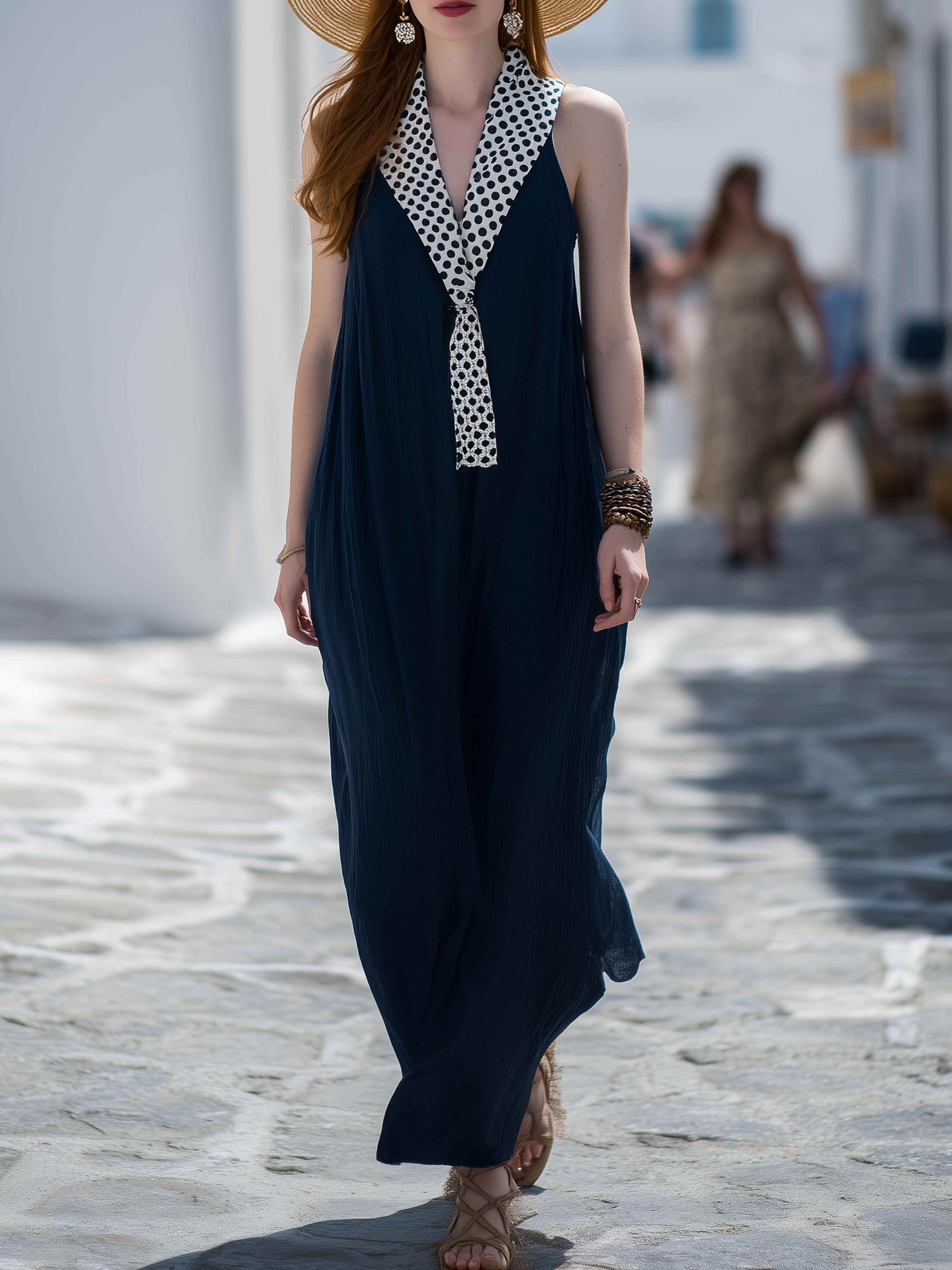 Elegant Black And White Polka Dot Collar Navy Blue Chiffon Sleeveless Maxi Dress