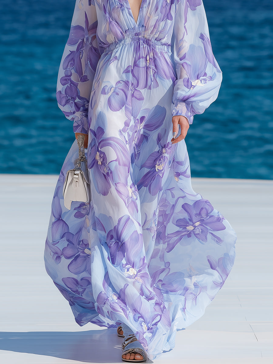 Bohemian Romantic Purple Floral Print Chiffon V-Neck Puff Sleeve Maxi Dress
