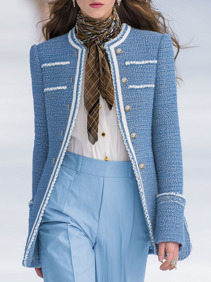 Vintage Elegant Web-Trimmed Light Blue Tweed Blazer