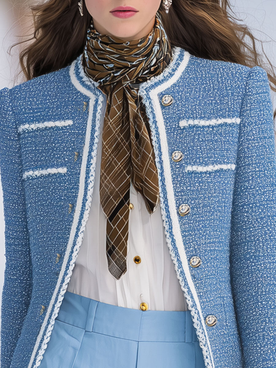 Vintage Elegant Web-Trimmed Light Blue Tweed Blazer