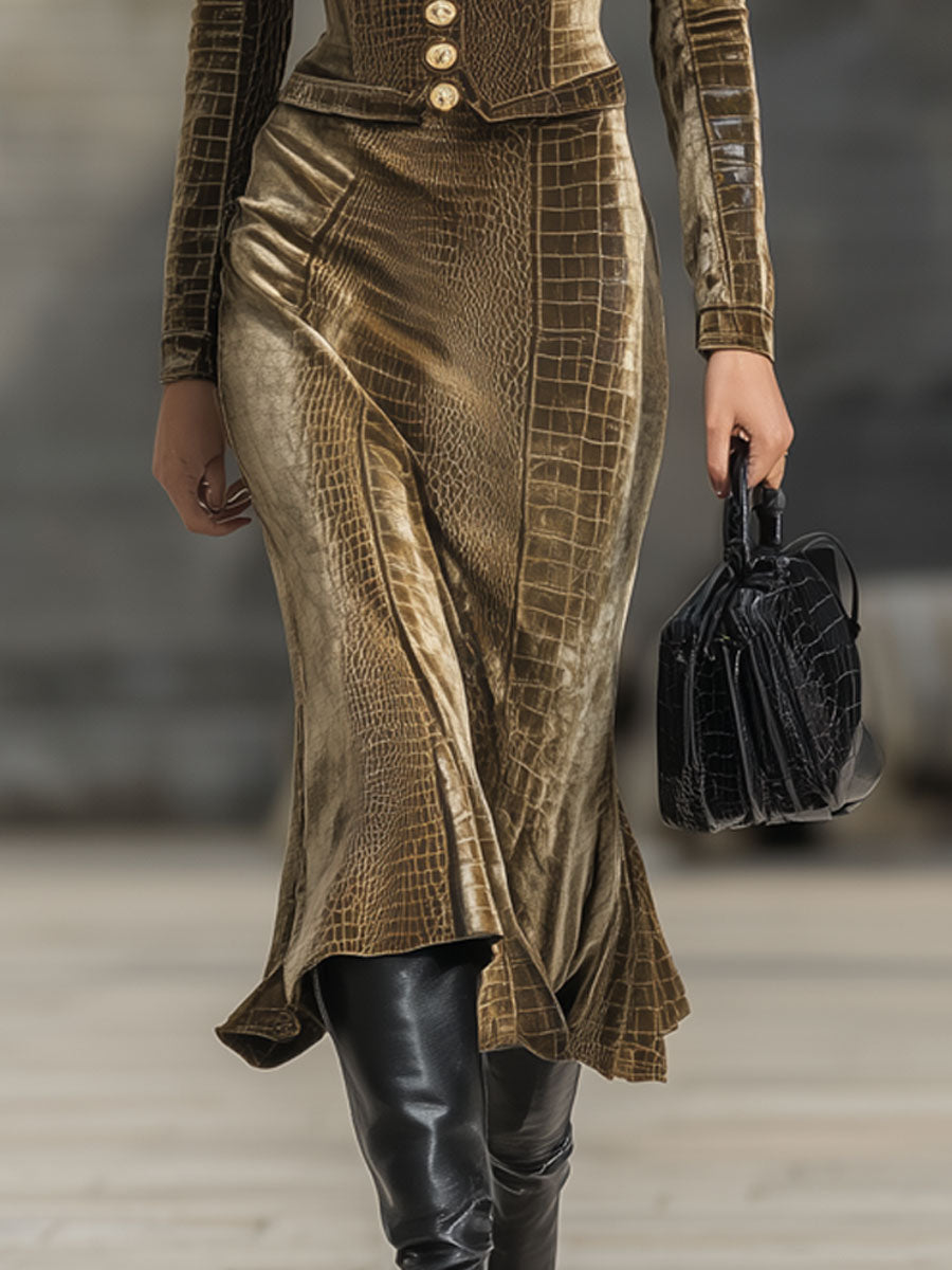 Retro Army Green Velvet Crocodile Print Short Suit Skirt Set