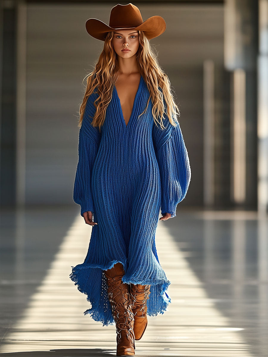 Retro Casual Loose V-Neck Royal Blue Knitted Raw Edge Maxi Dress