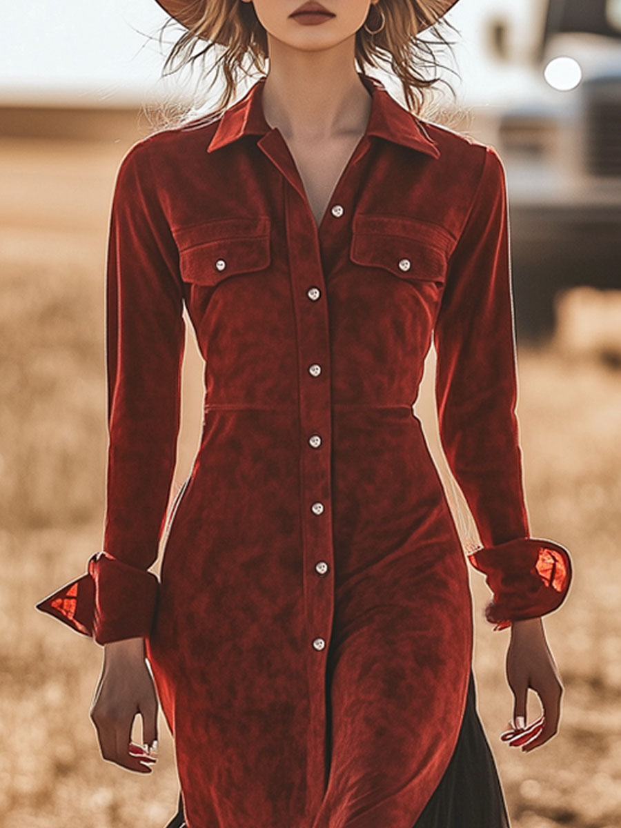 Western Retro Red Suede Skirt Spliced Chiffon Midi Dress