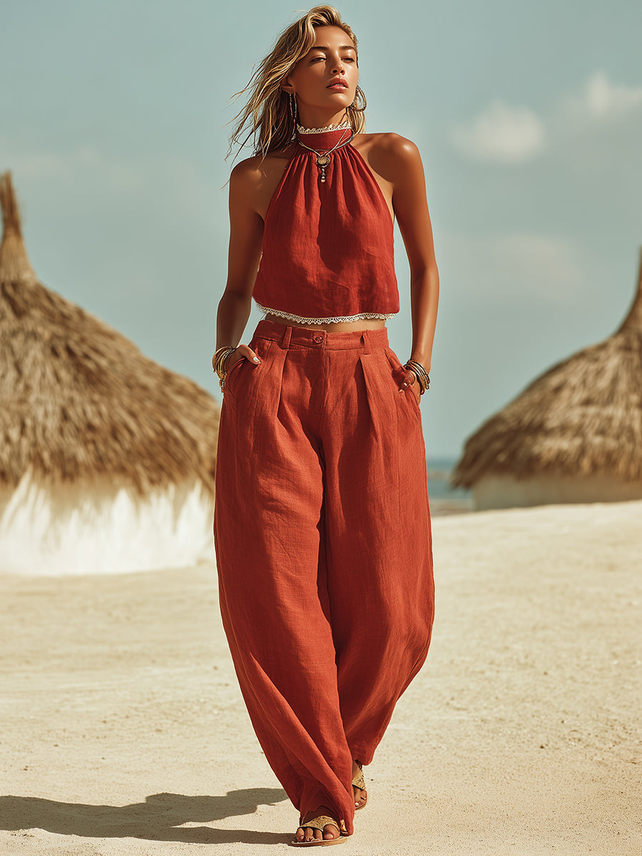 Casual Bohemian Lace Trim Red Cotton Linen High-Neck Sleeveless Top And Wide-Leg Pants Set