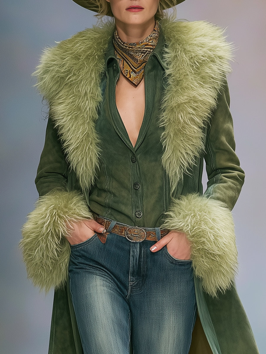 Fashion Vintage Faux Fur Trim Green Faux Suede Coat