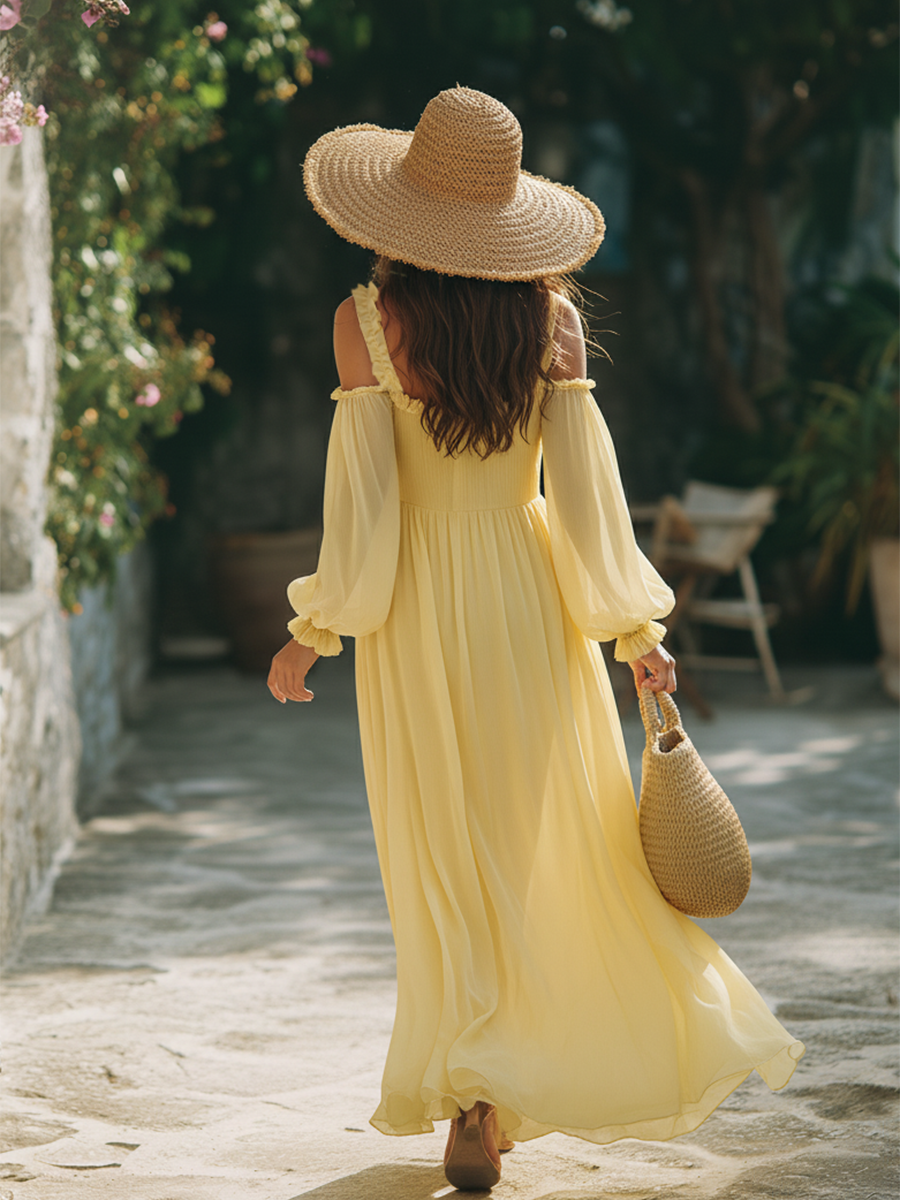 Romantic Vacation Style Ruffled Neckline Off-the-shoulder Long-sleeved Chiffon Maxi Dress