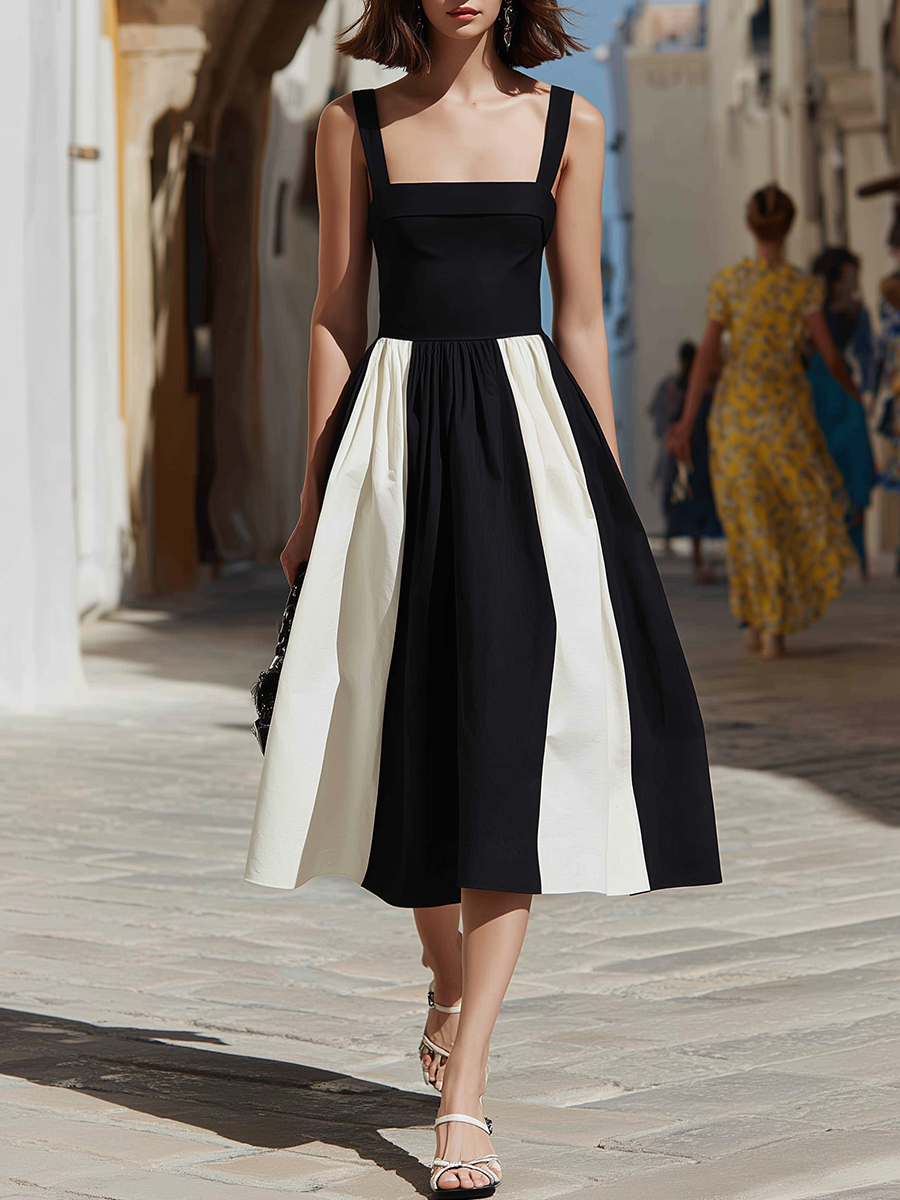 Vacation-style Cotton And Linen Color-block Off-the-shoulder Midi Dress