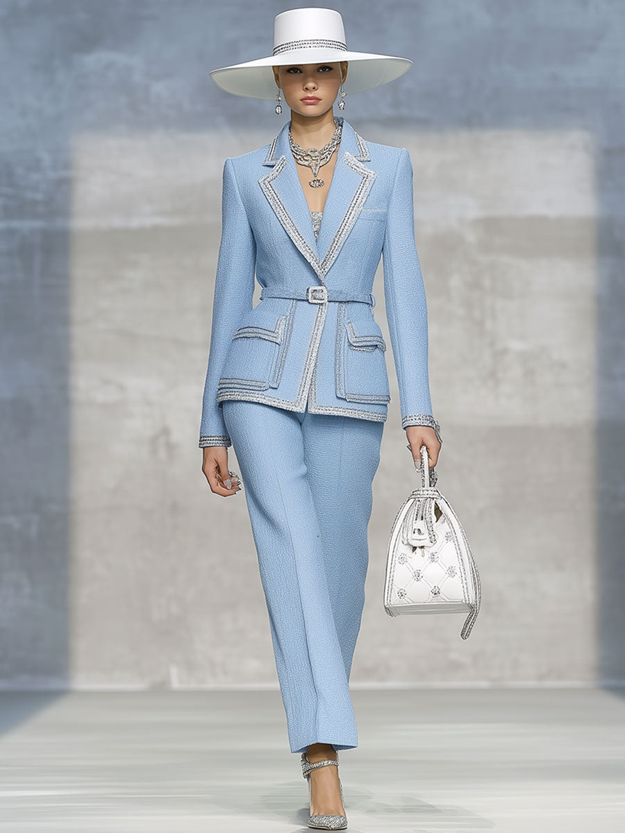 Elegant Vintage Blue Belted Tweed Top And Pants Set