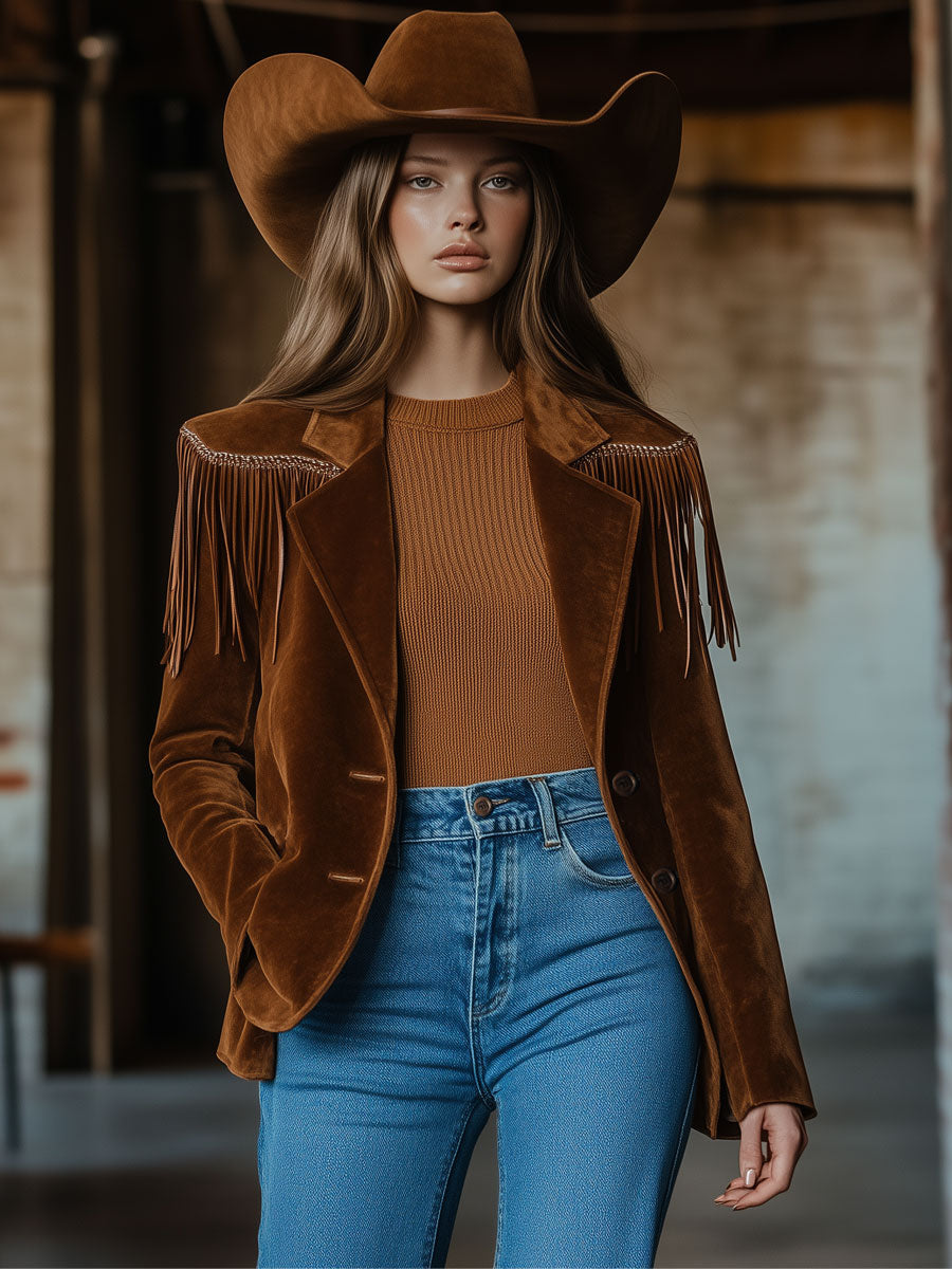 Casual Western Vintage Brown Suede Web Tassel Blazer