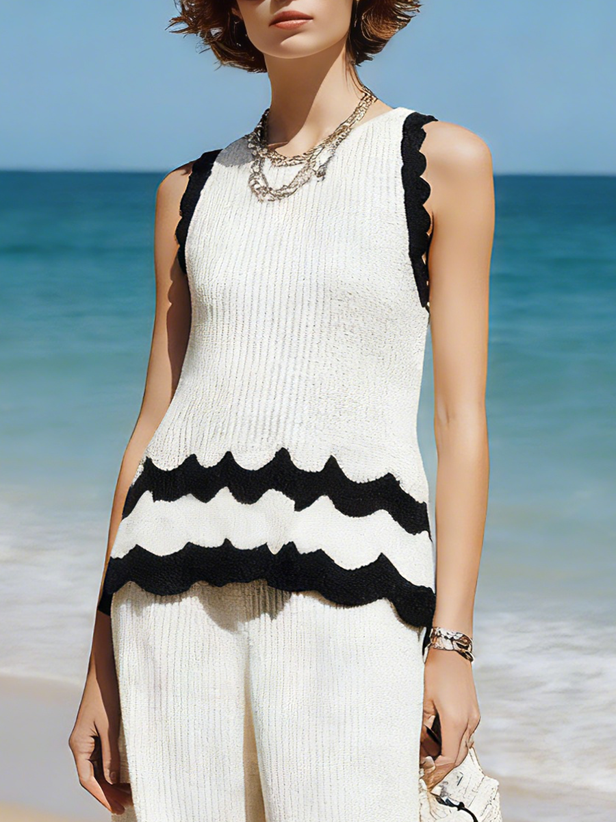 Vacation-style White Knitted Round-neck Sleeveless Top And Trousers Set
