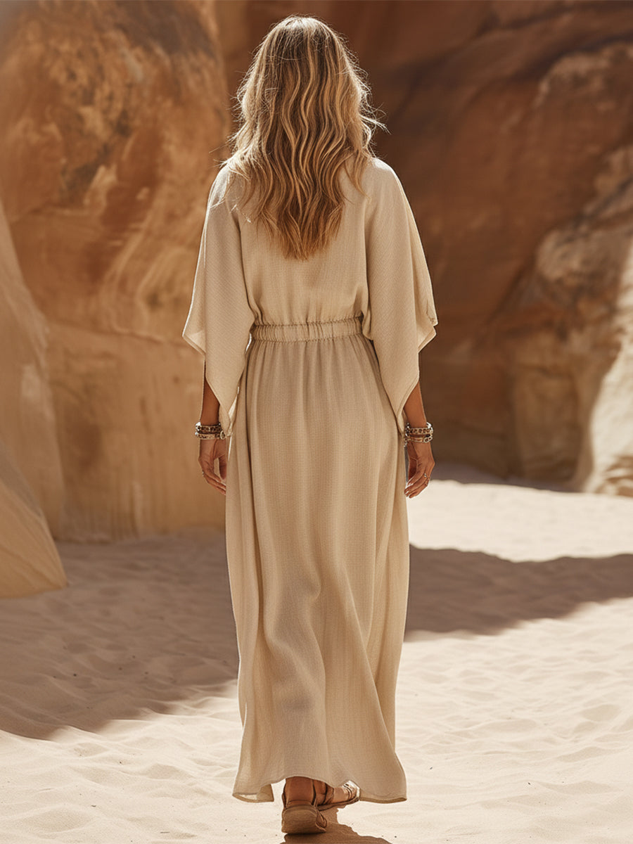 Casual Loose-fitting Button Beige Cotton Linen Wide-sleeved Drawstring Midi Dress
