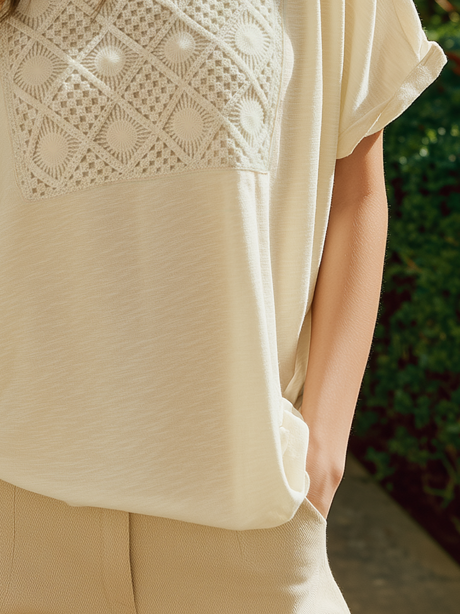 Casual Vacation Style Openwork Knit Patchwork Beige T-shirt