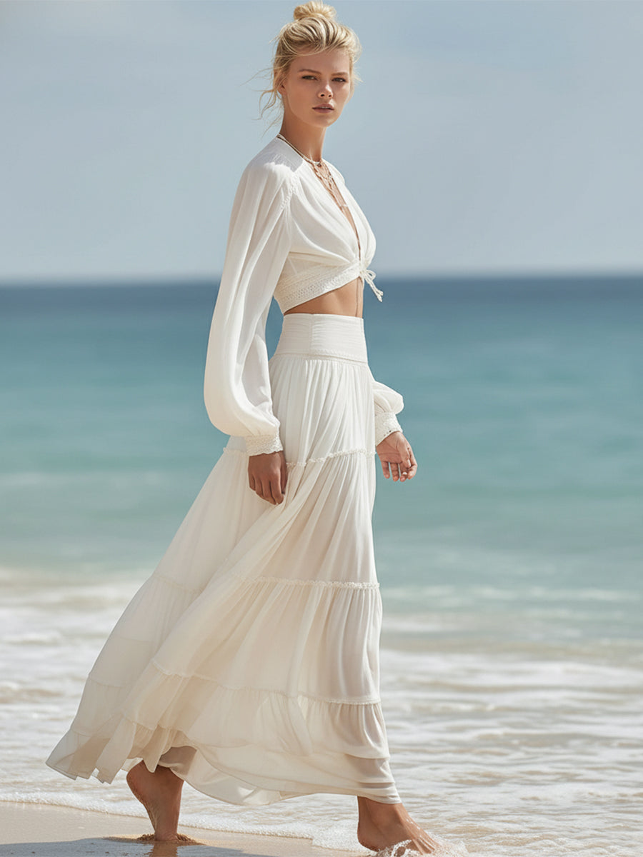 Bohemian Vacation Style Off-white V-neck Top And Ruffled Skirt Set