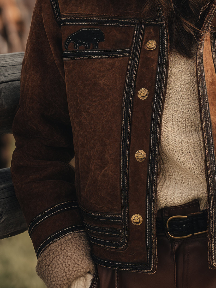Western Faux Suede Paneled Fleece-lined Button-down Jacket