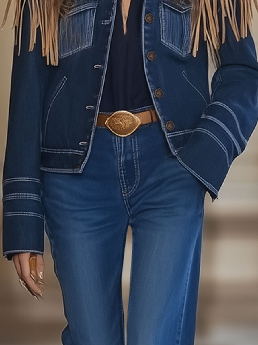 Casual Vintage Dark Blue Denim Suede Fringe Jacket