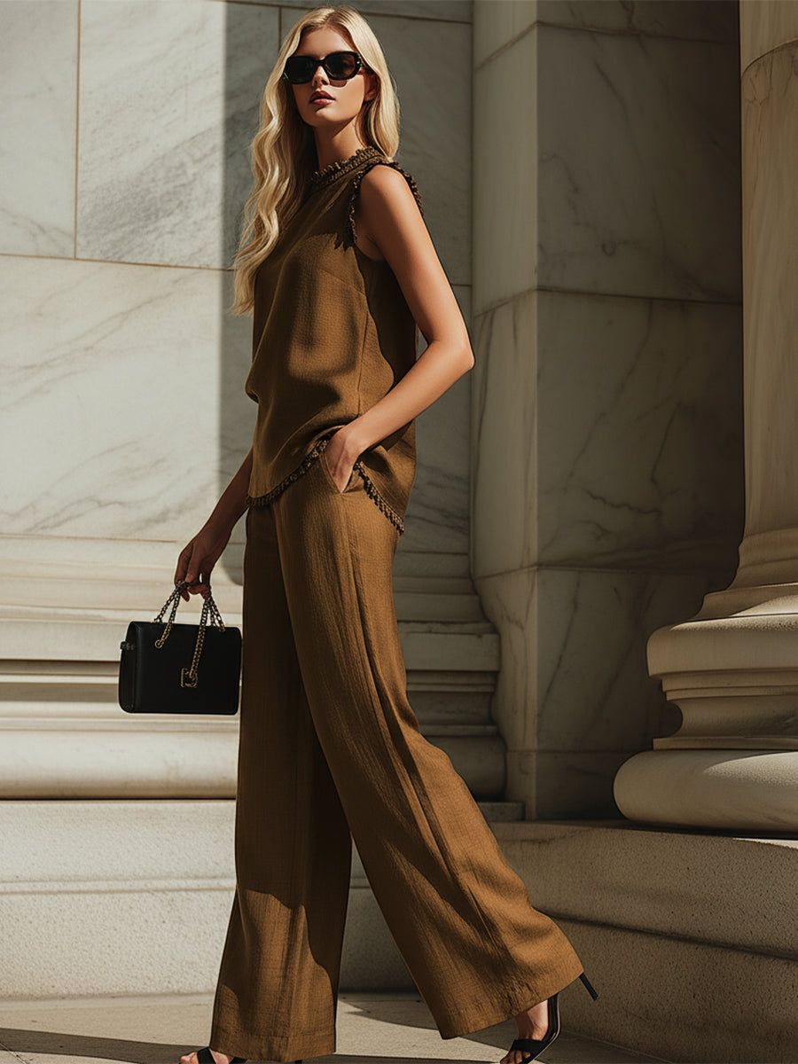 Exquisite Resort-style Brown Cotton-linen Lace-trimmed Sleeveless Top And Wide-leg Pants Set