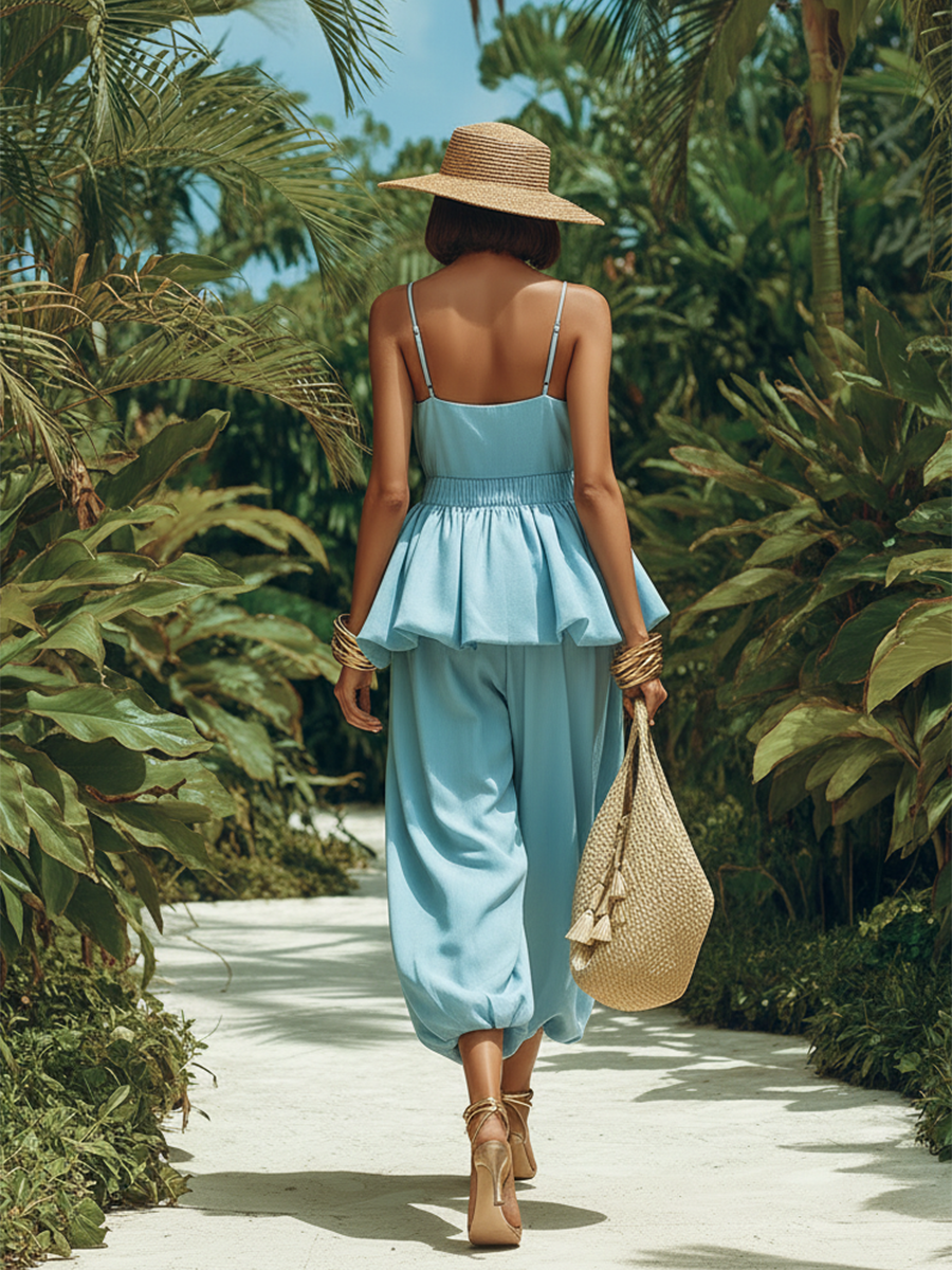 Casual Vacation Style Thin-strap Flared Hem Top And Matching Tapered Pants Set