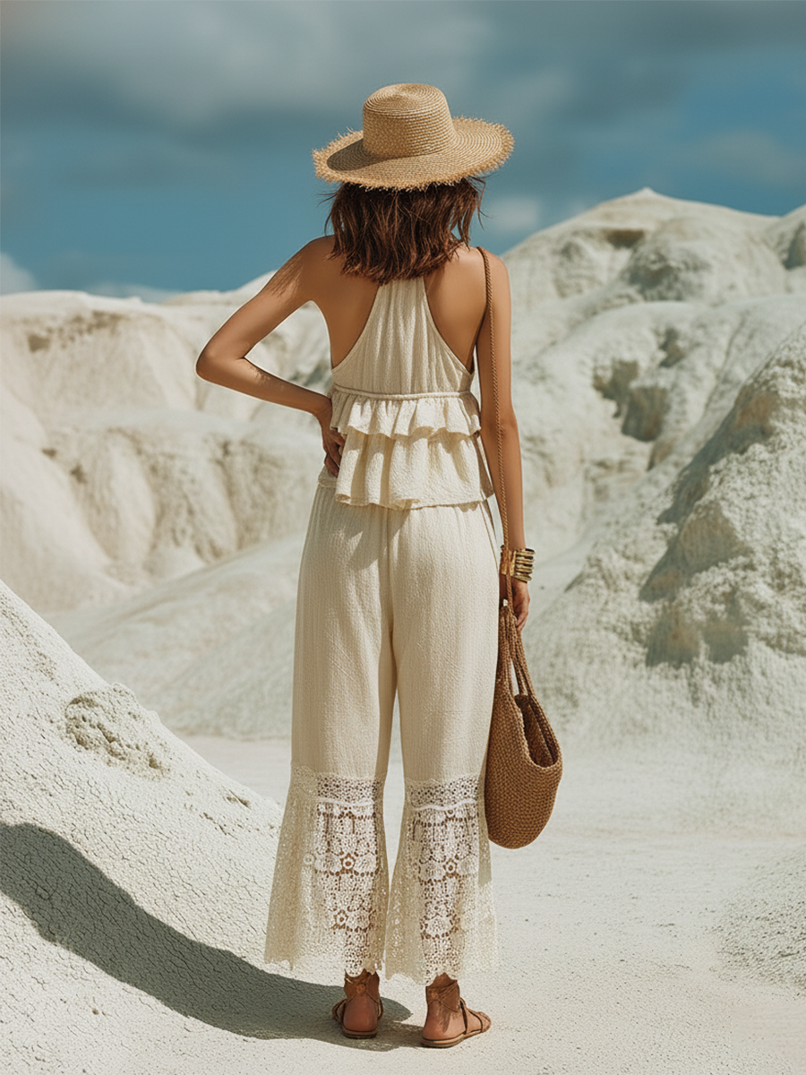 Romantic Bohemian Style Beige Ruffled Top And Lace-paneled Culottes Set